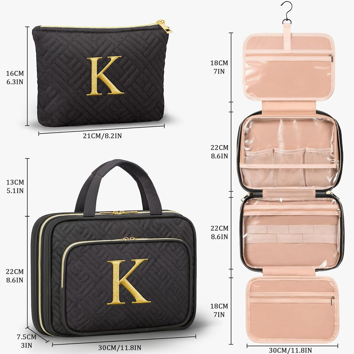 Personalized Initial Toiletry Bag Set, Hanging Travel Organizer & Makeup Cosmetic Bag with Embroidery