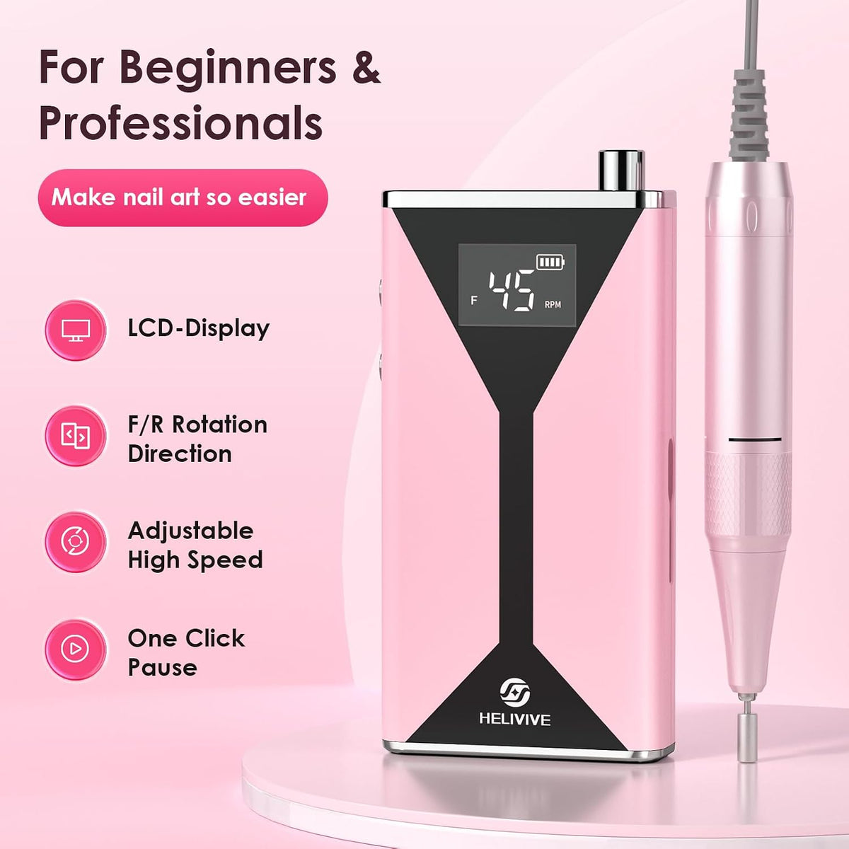 Professional Electric Nail Drill 45000RPM Cordless E-File for Acrylic and Gel Nails