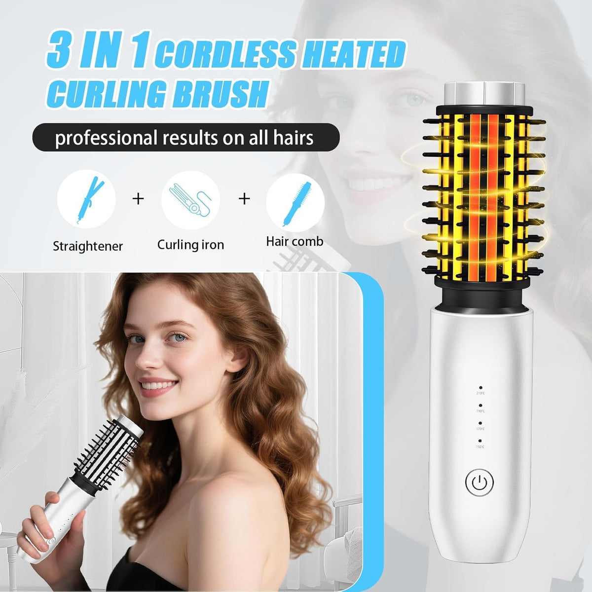 Cordless 1.5-inch Curling Iron Brush, 3-in-1 Portable Heated Round Straightening Brush