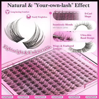 DIY Lash Extension Kit - 154 Pcs Natural Wispy Clusters, D Curl 8-16mm with Bond, Seal, and Tweezers