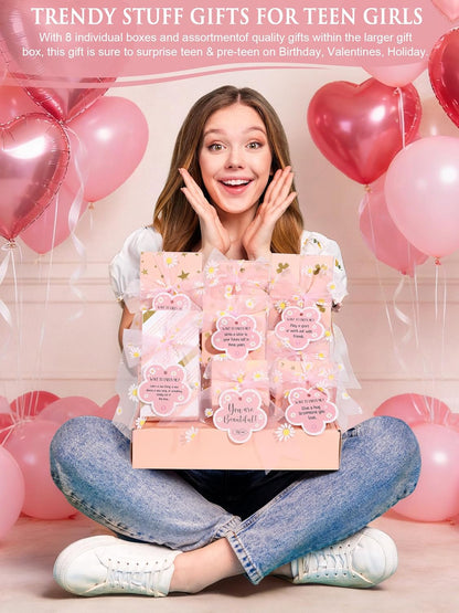 8 PCS Easter Basket Gifts for Tween & Teen Girls, Trendy Makeup Brushes & Bag Set
