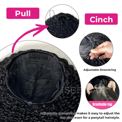 3-in-1 Half Wig Human Hair Glueless Kinky Curly Drawstring Seamless Clip-In Flip Over Wig 180% Density 18 Inch