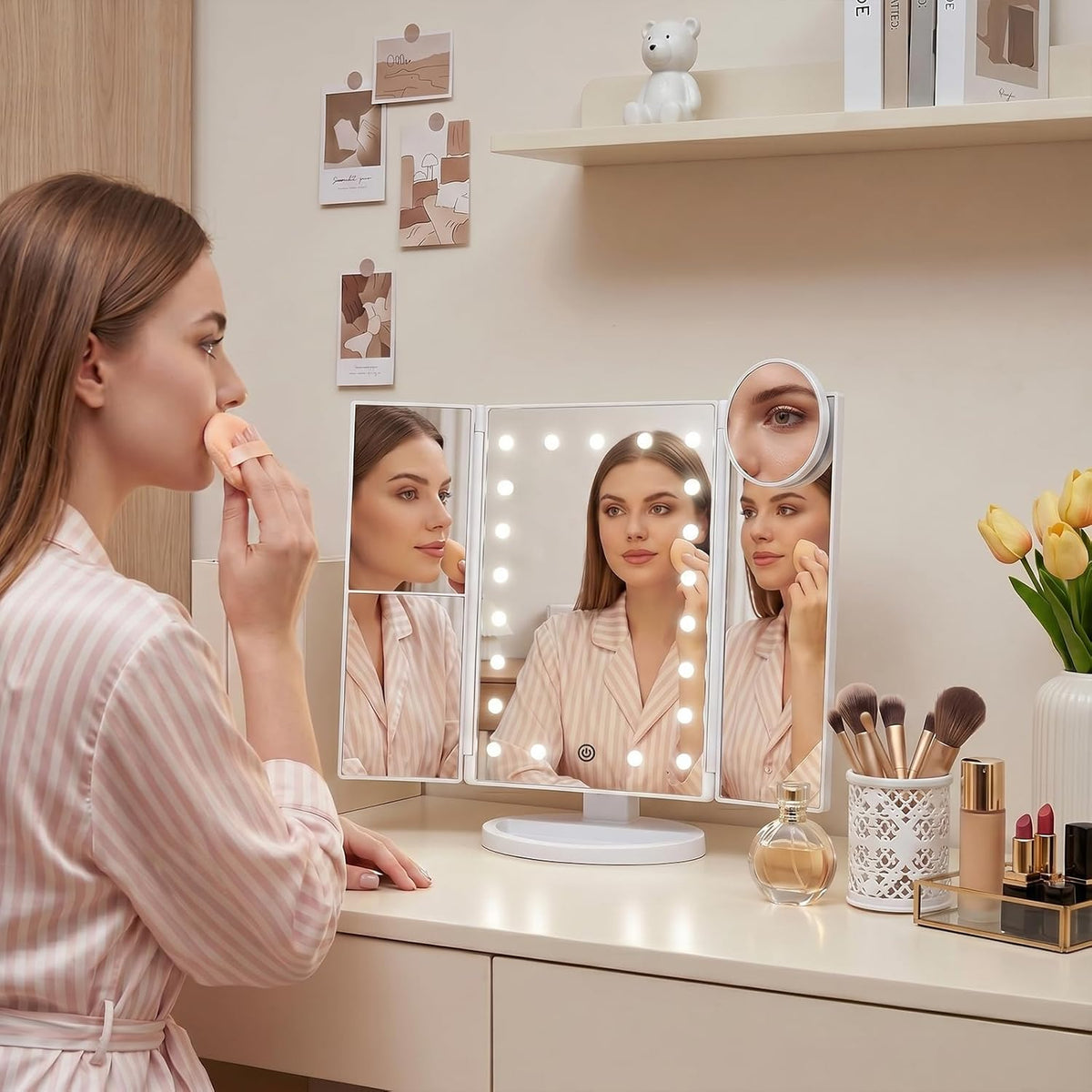 2X/3X/10X Magnifying Vanity Mirror with Light, Trifold Makeup Mirror with Adjustable LED Brightness