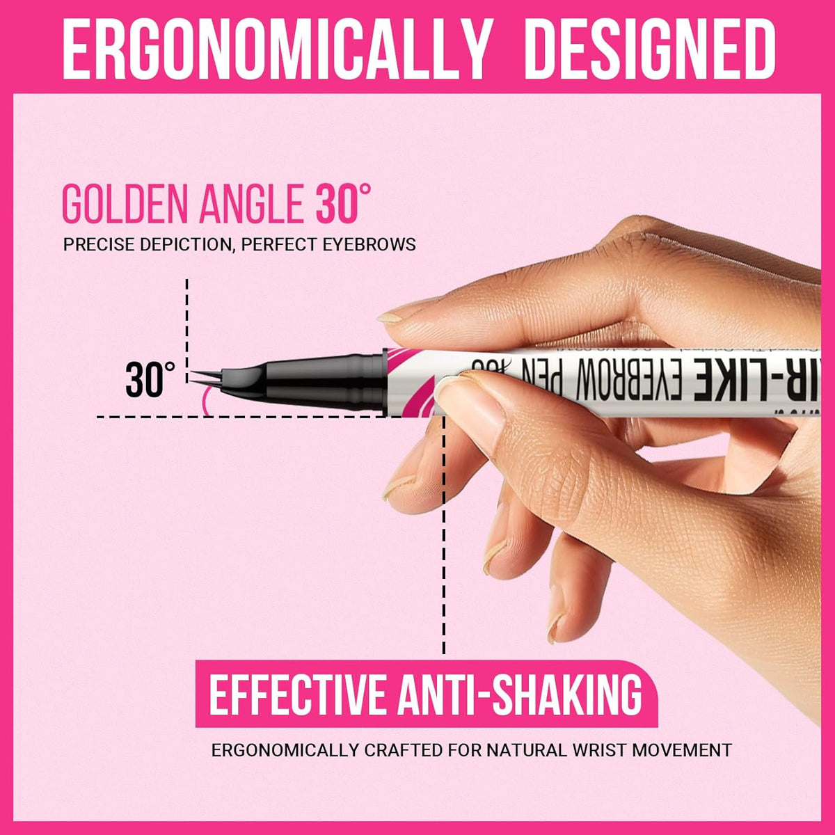Curved eyebrow pen tip and ergonomic design