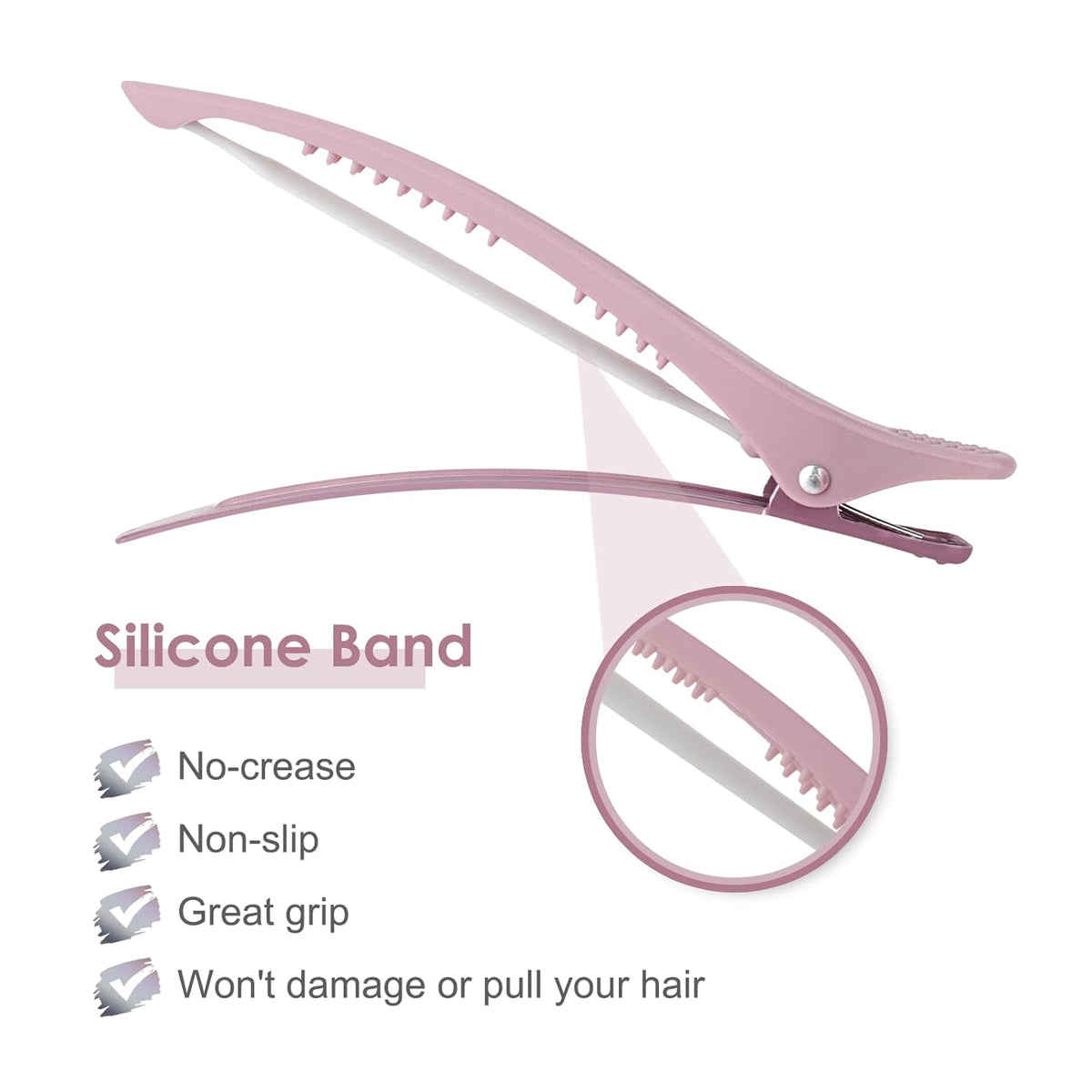 Hair Sectioning Clips with Silicone Band - 6pcs No Crease Duck Billed Clips for Styling and Cutting