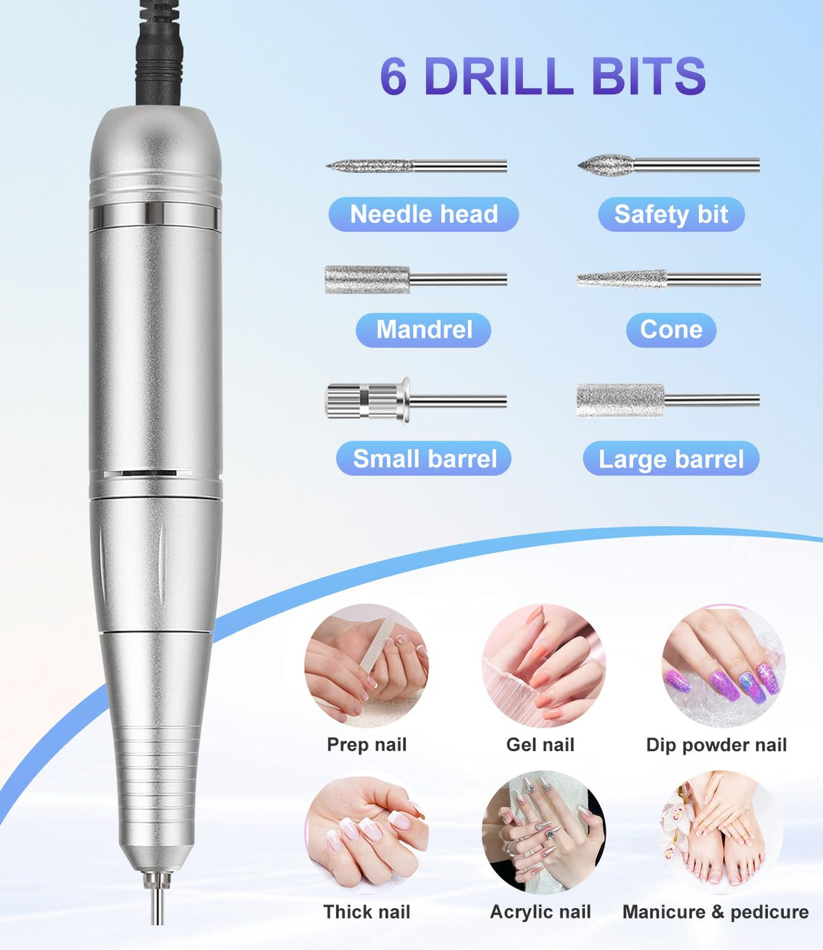Portable Professional Nail Drill 45000 RPM, Rechargeable Electric File for Acrylic Gel
