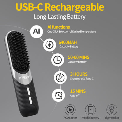 Cordless 2-in-1 AI Smart Hair Styler - Fast 30s Heat USB Rechargeable Portable Travel Comb