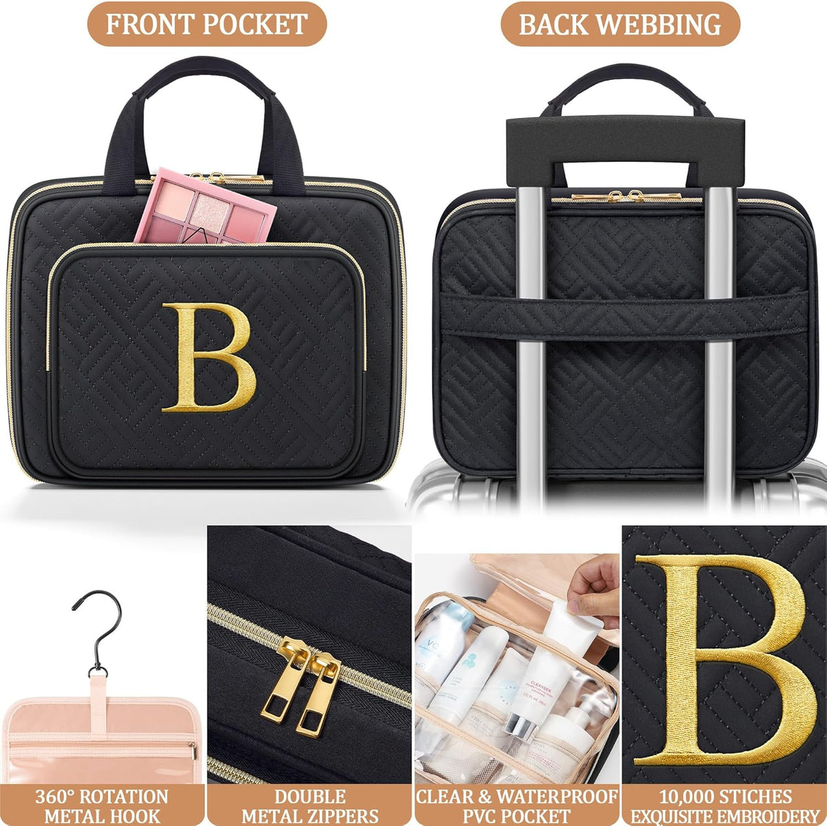 Personalized Initial Toiletry Bag Set, Hanging Travel Organizer & Makeup Cosmetic Bag with Embroidery