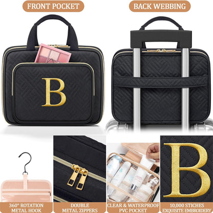 Personalized Initial Toiletry Bag Set, Hanging Travel Organizer & Makeup Cosmetic Bag with Embroidery