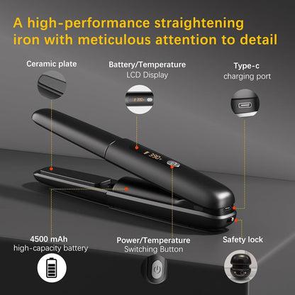 Cordless 2-in-1 Hair Straightener and Curler, Mini Portable Ceramic Flat Iron with 4500mAh Battery