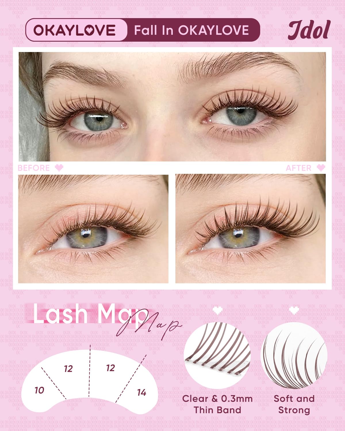 Brown Idol Lash Clusters Kit - Clear Band Natural Wispy Eyelash Extensions with Bond and Seal, 9-16mm