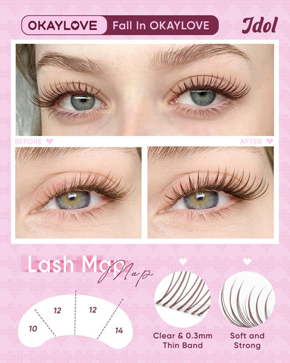 Brown Idol Lash Clusters Kit - Clear Band Natural Wispy Eyelash Extensions with Bond and Seal, 9-16mm