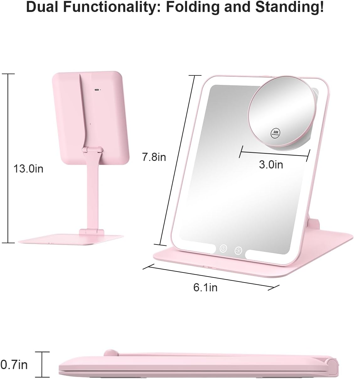 Travel Makeup Mirror with Lights and 10X Magnification, Portable Rechargeable LED Vanity Mirror - Pink