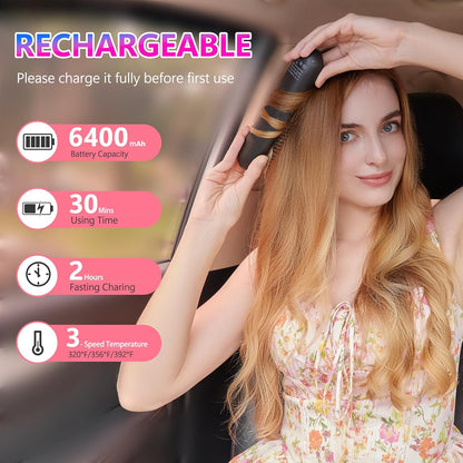 LCD Screen Cordless Hair Straightener and Curler 2 in 1, Rechargeable Negative Ionic Brush