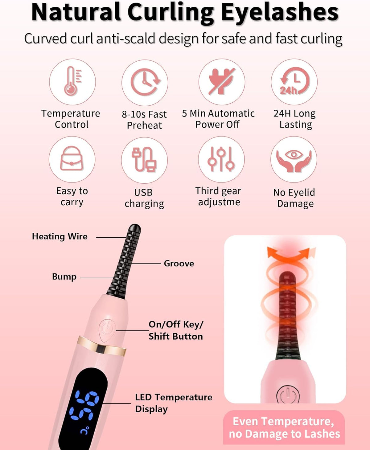 Heated Eyelash Curler with LED Display - 3 Temp Settings USB Rechargeable Electric Lash Curler