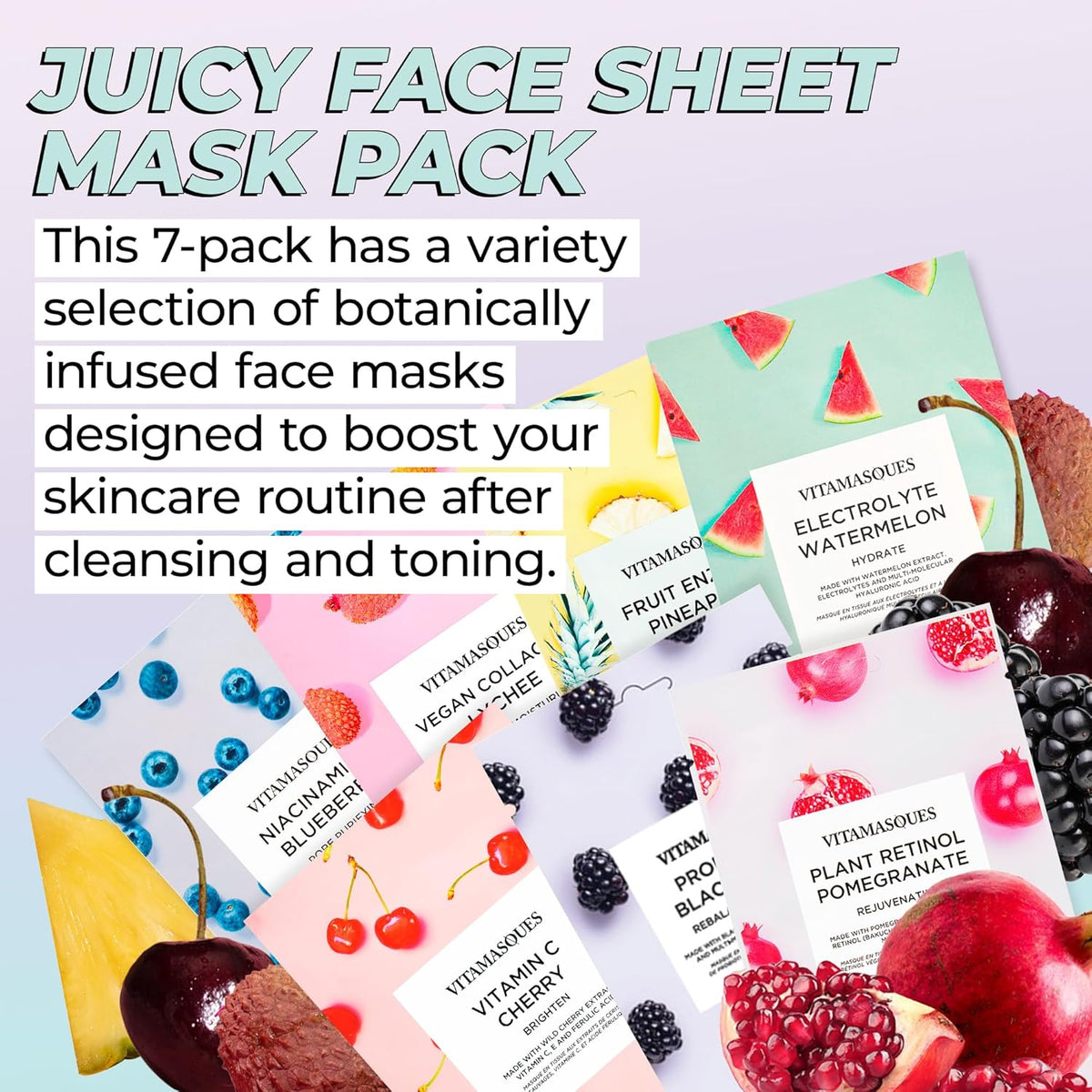 Juicy Collection Triple-Layer Sheet Facial Mask Kit - 7-Pack Korean Skincare for Purifying and Brightening