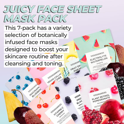 Juicy Collection Triple-Layer Sheet Facial Mask Kit - 7-Pack Korean Skincare for Purifying and Brightening