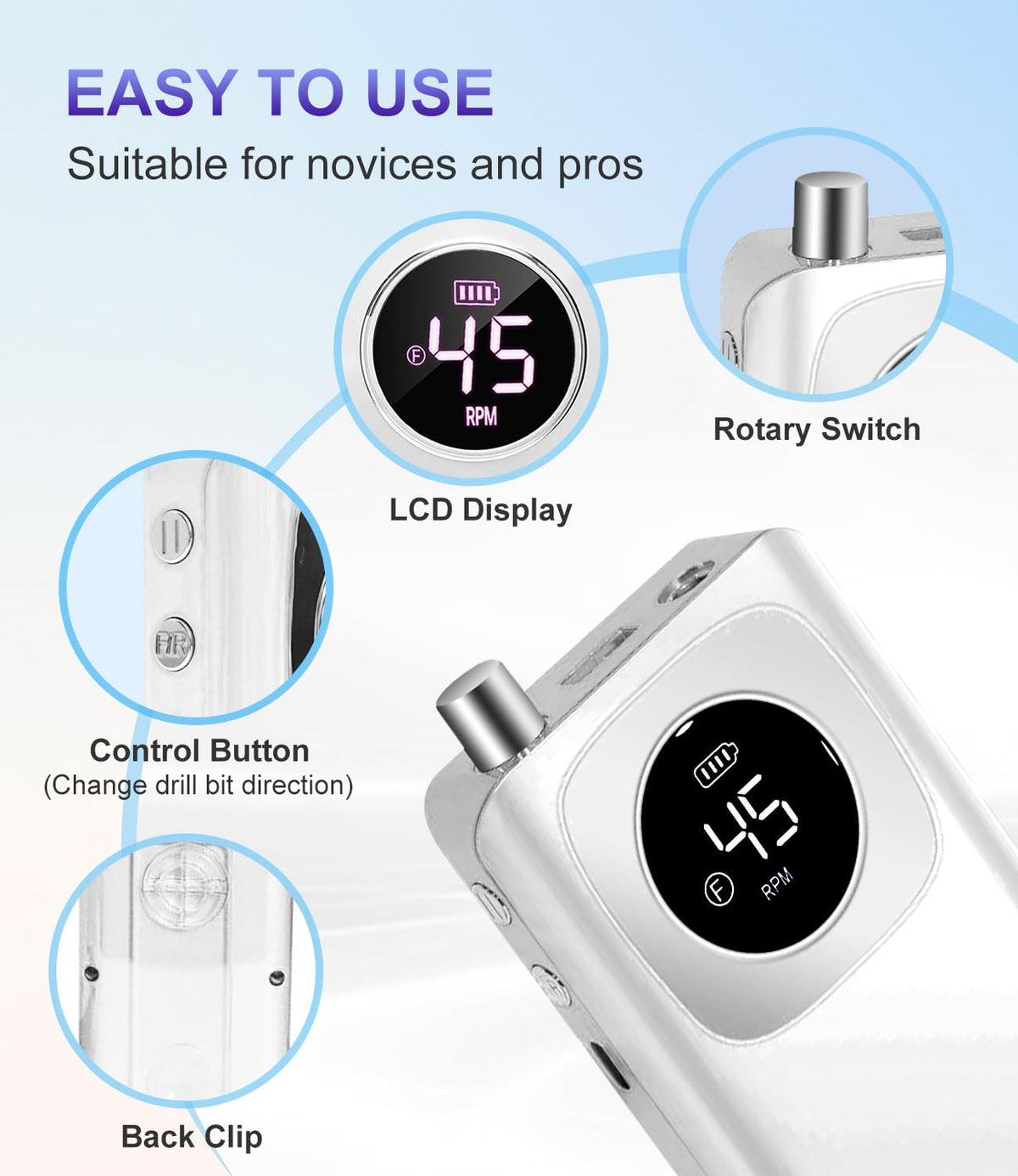 Portable Professional Nail Drill 45000 RPM, Rechargeable Electric File for Acrylic Gel