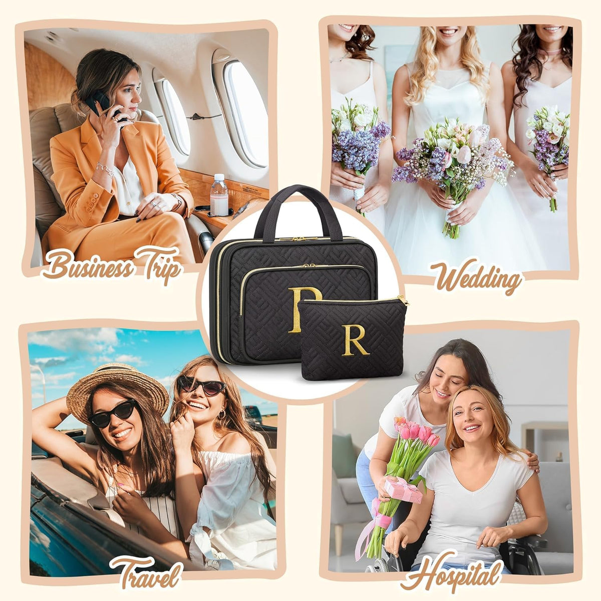Personalized Initial Toiletry Bag Set, Hanging Travel Organizer & Makeup Cosmetic Bag with Embroidery