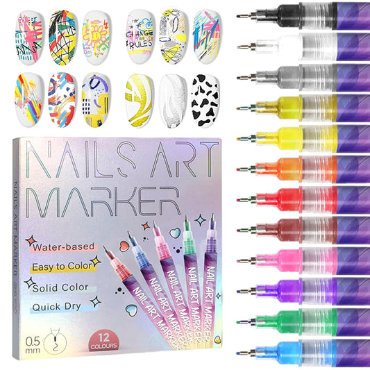 12 Colors Nail Art Pens Set with 0.5mm Fine Tip for Professional Designs and DIY Manicure