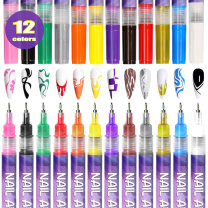 12 Colors Nail Art Pens Set with 0.5mm Fine Tip for Professional Designs and DIY Manicure