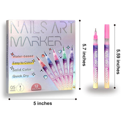 12 Colors Nail Art Pens Set with 0.5mm Fine Tip for Professional Designs and DIY Manicure