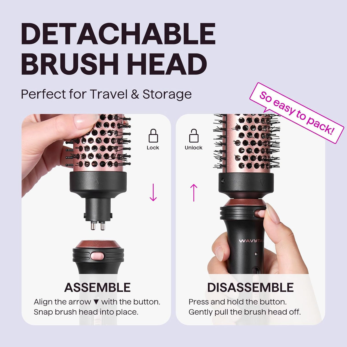 1.5 Inch Heated Round Brush with Detachable Head, Dual Voltage Tourmaline Ceramic Thermal Brush