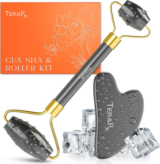 Terahertz Gua Sha & Facial Roller Set - Authentic Stone for Puffiness & Wrinkles