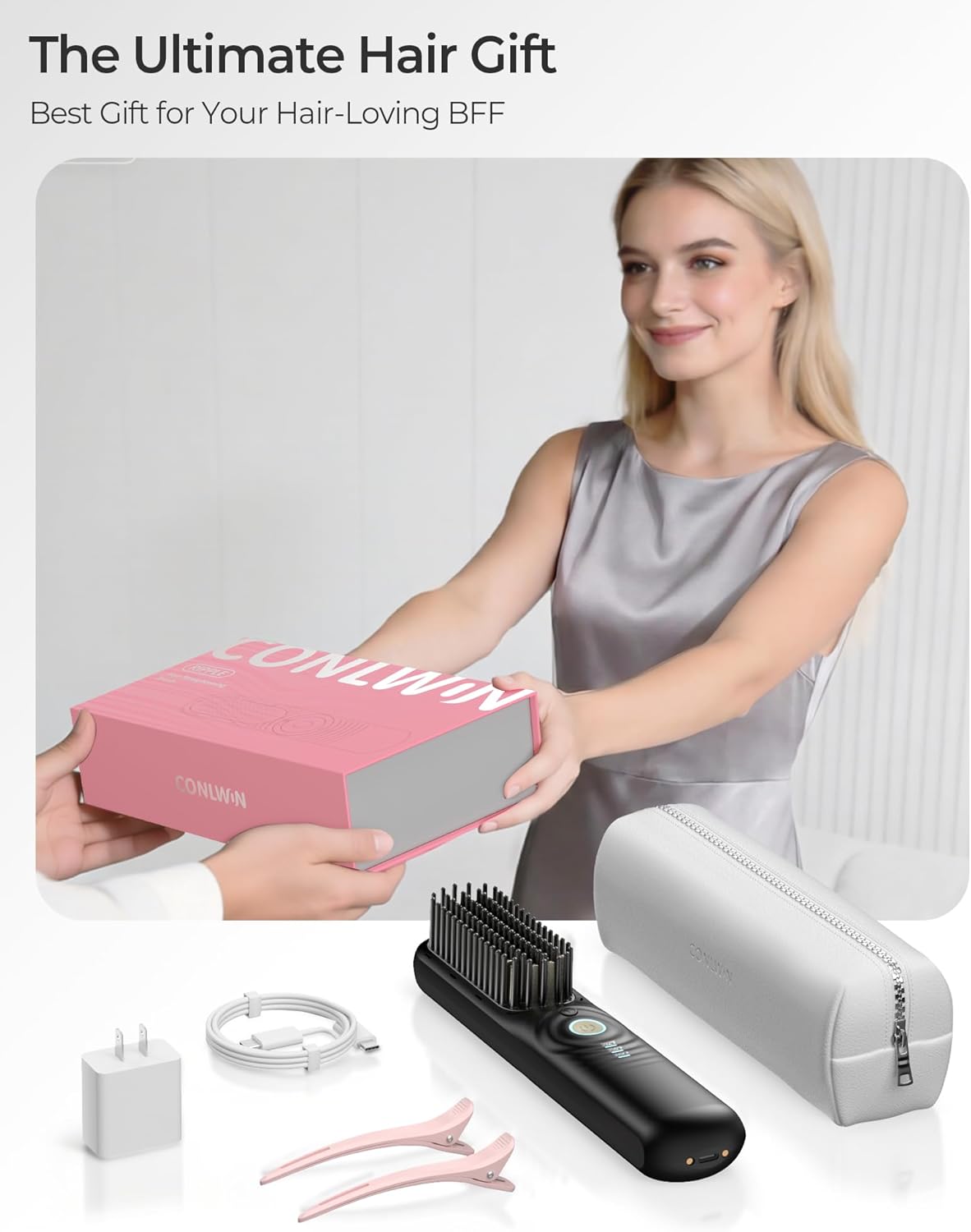 Cordless Hair Straightener Brush with Cool Air, Portable Mini Travel Styler for Thick Curly Hair