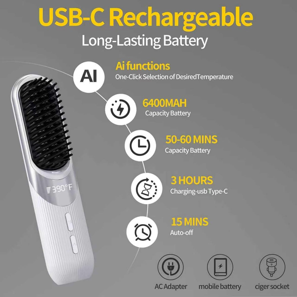 Cordless 2-in-1 AI Smart Hair Styler - Fast 30s Heat, USB Rechargeable Portable Travel Comb