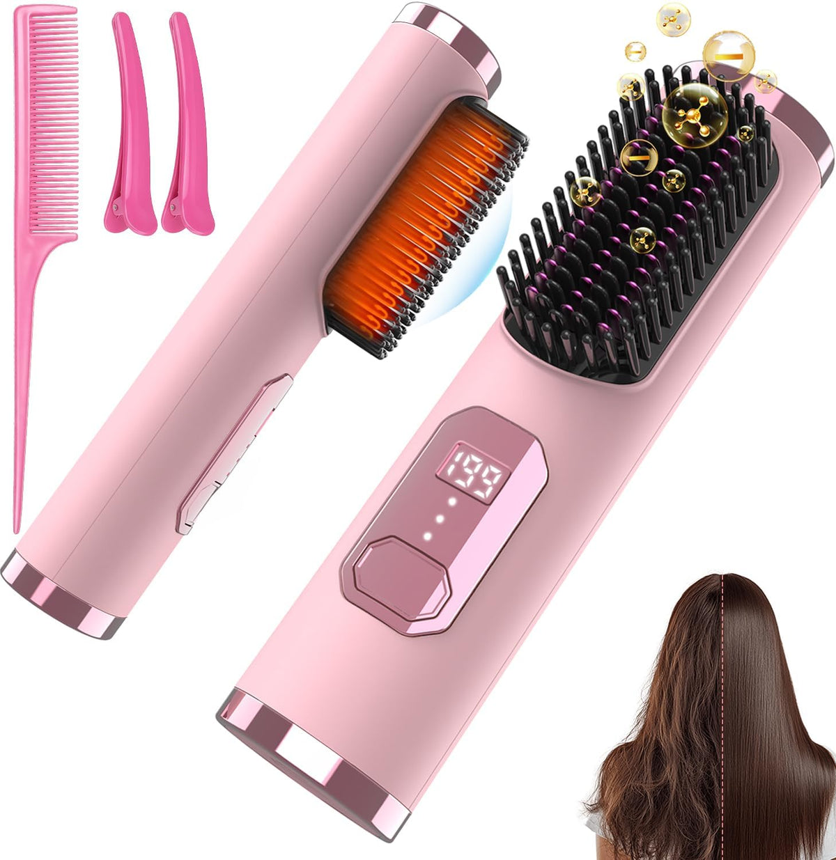 Cordless Hair Straightener Brush, Portable 500 Million Ions Smooth Straightening Comb, MCH Fast Heating
