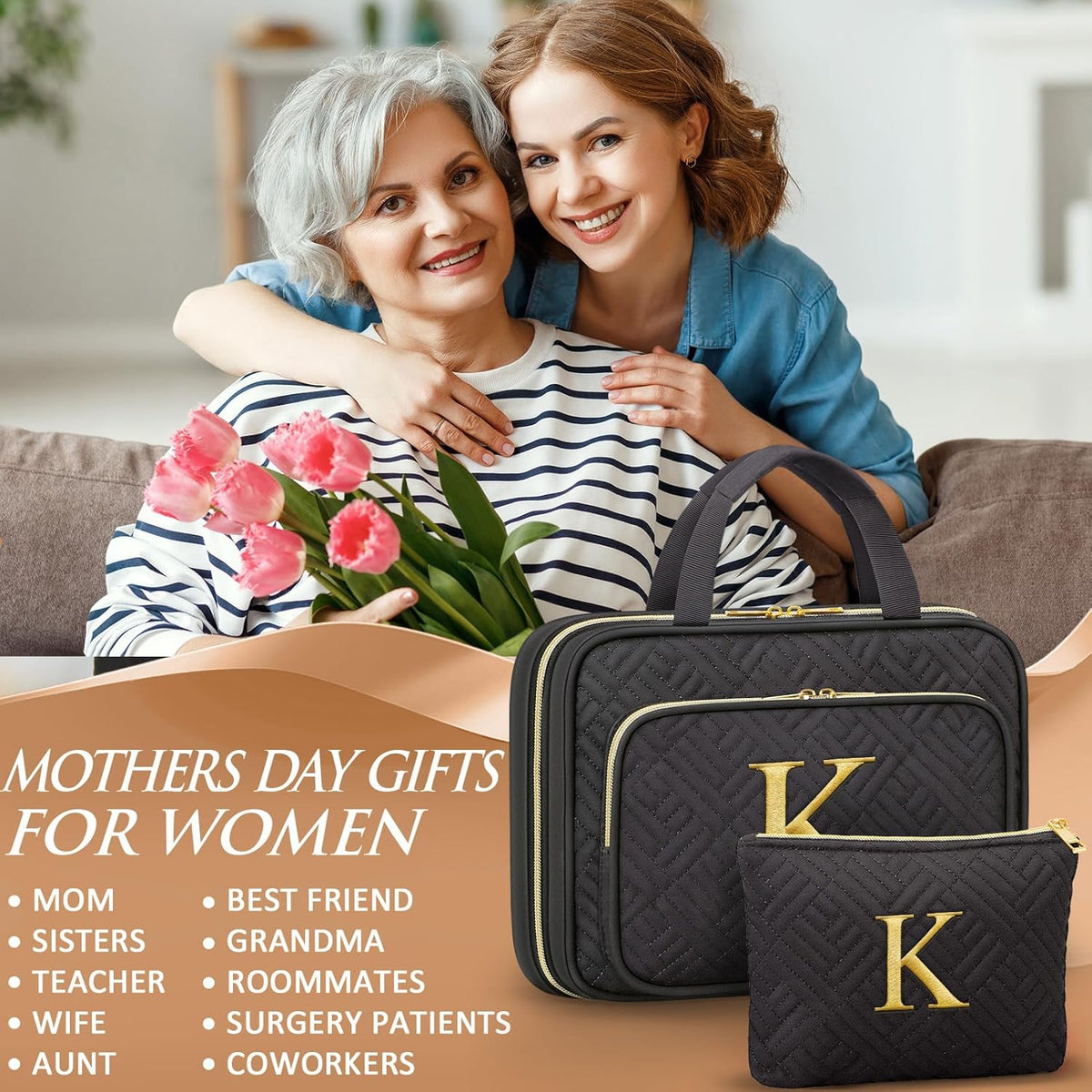 Personalized Initial Toiletry Bag Set, Hanging Travel Organizer & Makeup Cosmetic Bag with Embroidery