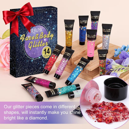 14 Colors Body Glitter Gel Set, Face & Hair Glitter for Festivals, Rave Accessories & Party Supplies