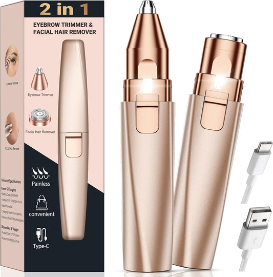 2 in 1 Rechargeable Facial Hair Remover and Eyebrow Trimmer for Women - Painless Electric Face Shaver