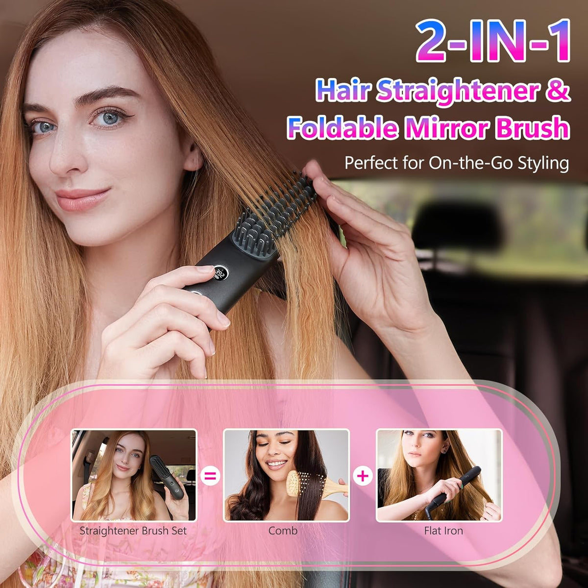 LCD Screen Cordless Hair Straightener and Curler 2 in 1, Rechargeable Negative Ionic Brush