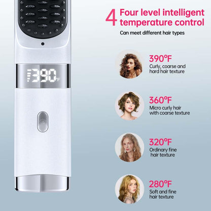 Cordless Hair Straightener Brush - Portable USB Charging Comb with LCD Display (White)