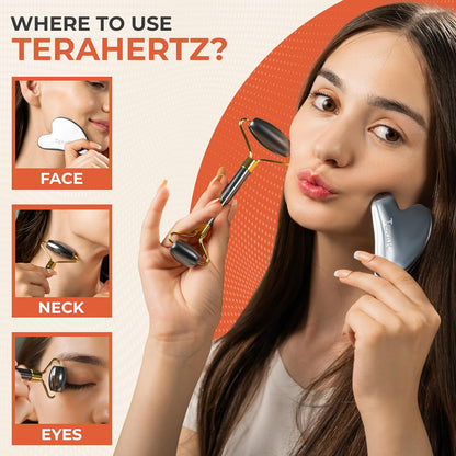 Terahertz Gua Sha & Facial Roller Set - Authentic Stone for Puffiness & Wrinkles