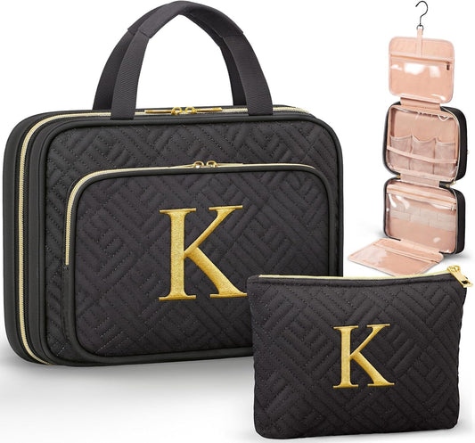 Personalized Initial Toiletry Bag Set, Hanging Travel Organizer & Makeup Cosmetic Bag with Embroidery