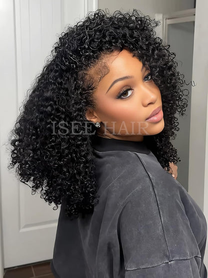 3-in-1 Half Wig Human Hair Glueless Kinky Curly Drawstring Seamless Clip-In Flip Over Wig 180% Density 18 Inch