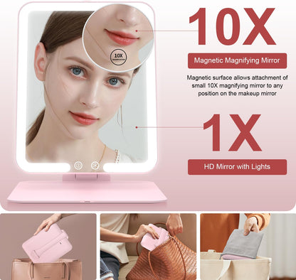 Travel Makeup Mirror with Lights and 10X Magnification, Portable Rechargeable LED Vanity Mirror - Pink
