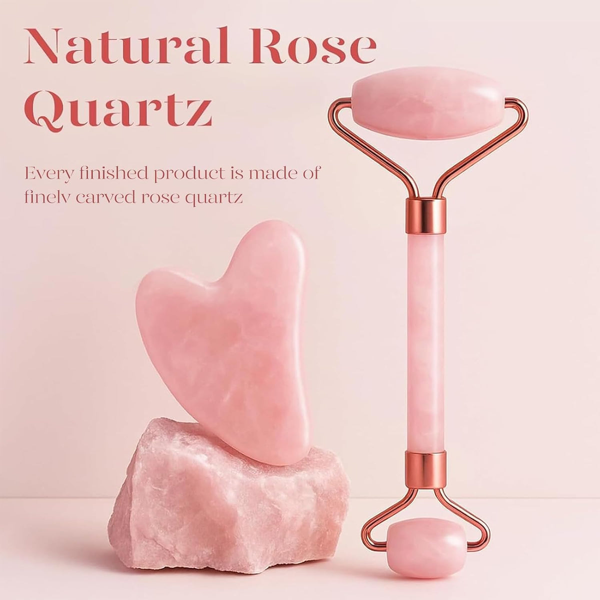 Rose Quartz Roller & Gua Sha Set, Cooling Face Roller for Depuffing & Lymphatic Massage