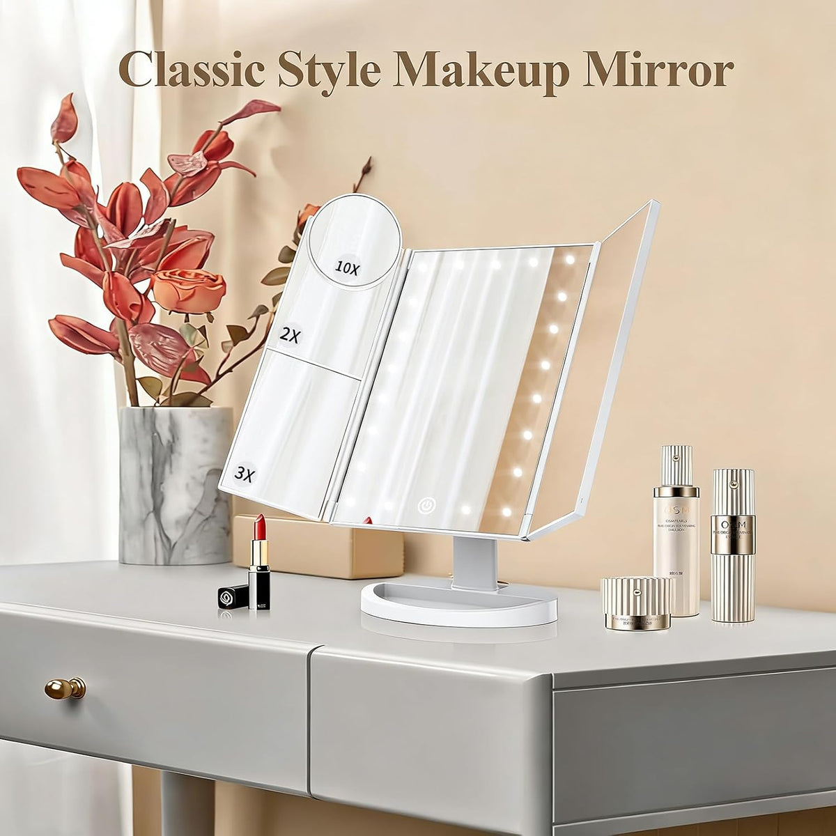 2X/3X/10X Magnifying Vanity Mirror with Light, Trifold Makeup Mirror with Adjustable LED Brightness