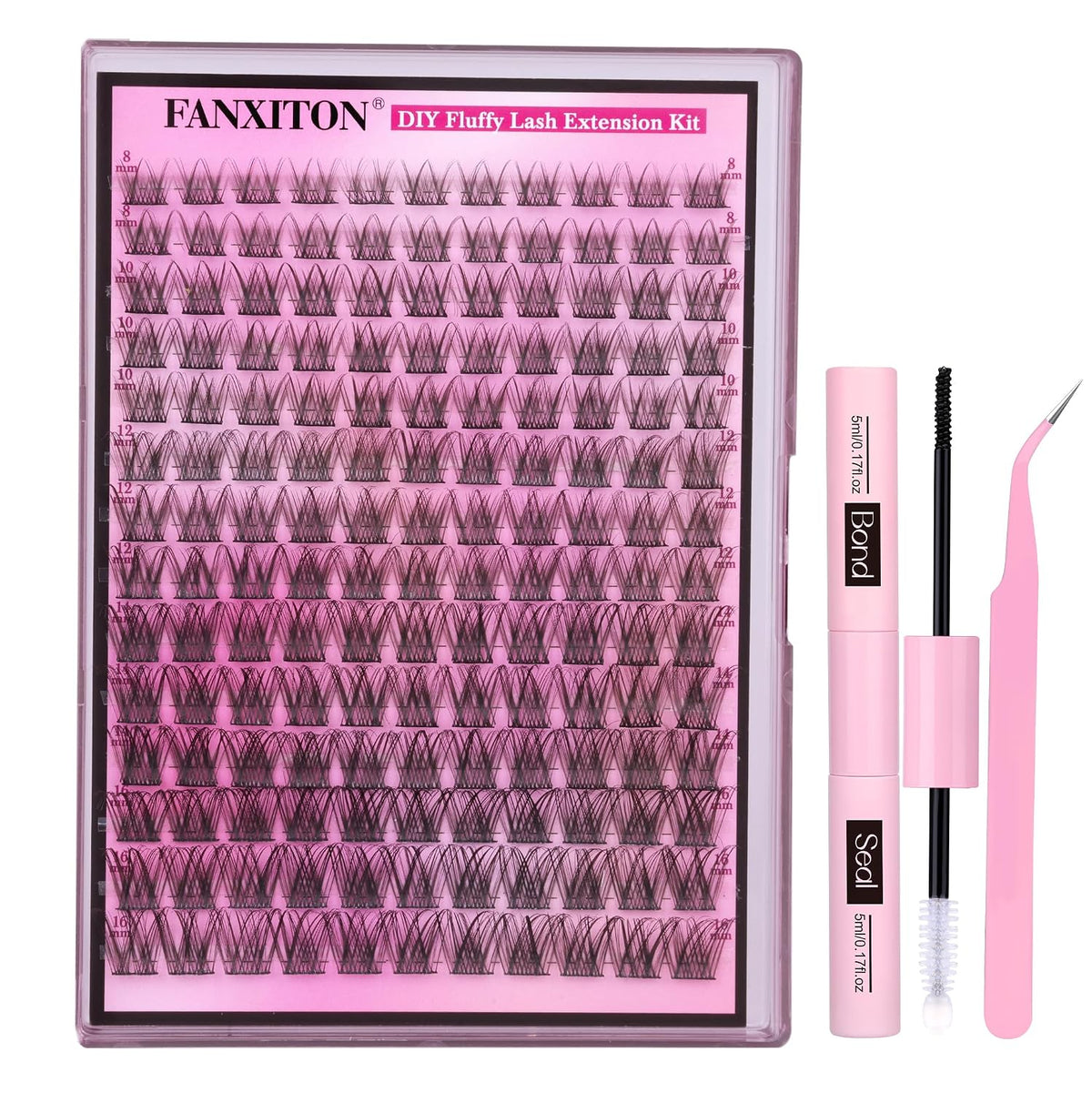 DIY Lash Extension Kit - 154 Pcs Natural Wispy Clusters, D Curl 8-16mm with Bond, Seal, and Tweezers