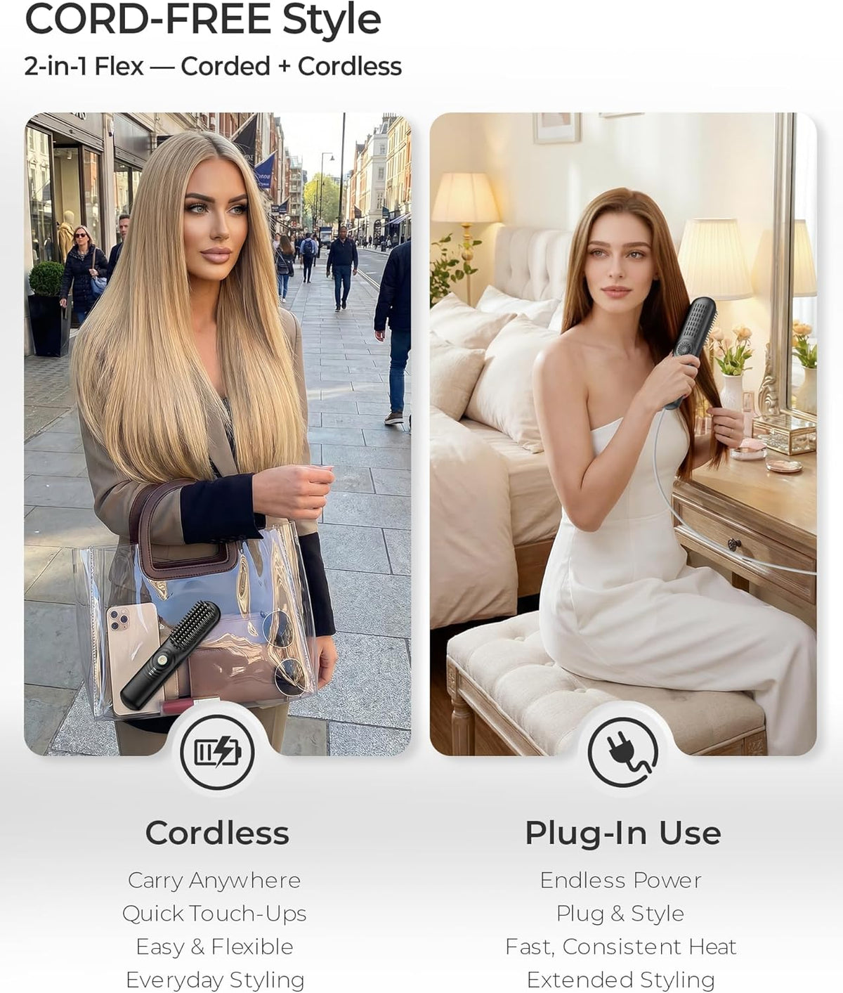 Cordless Hair Straightener Brush with Cool Air, Portable Mini Travel Styler for Thick Curly Hair