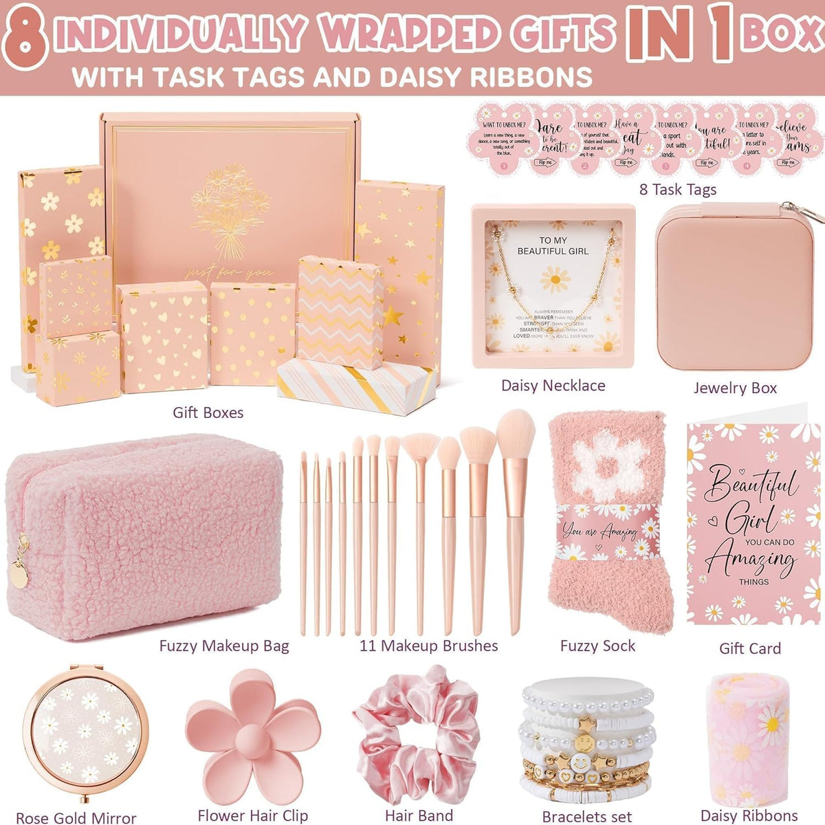 8 PCS Easter Basket Gifts for Tween & Teen Girls, Trendy Makeup Brushes & Bag Set
