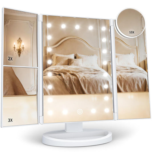 2X/3X/10X Magnifying Vanity Mirror with Light, Trifold Makeup Mirror with Adjustable LED Brightness