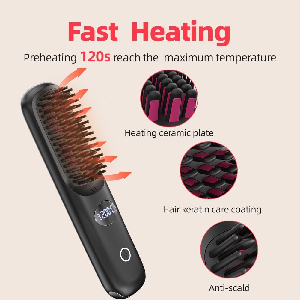 Cordless Hair Straightener Brush - Portable Mini Hot Comb with Negative Ion and LED Display