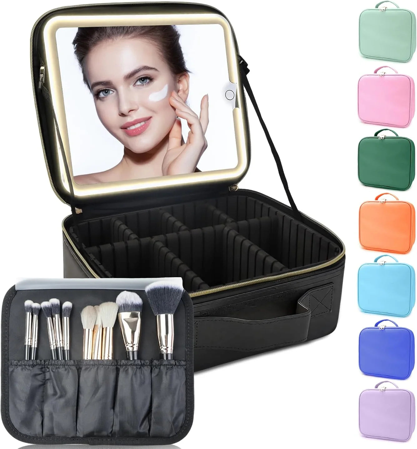 Open makeup case with LED mirror, movable dividers and brush organizer, with available color examples
