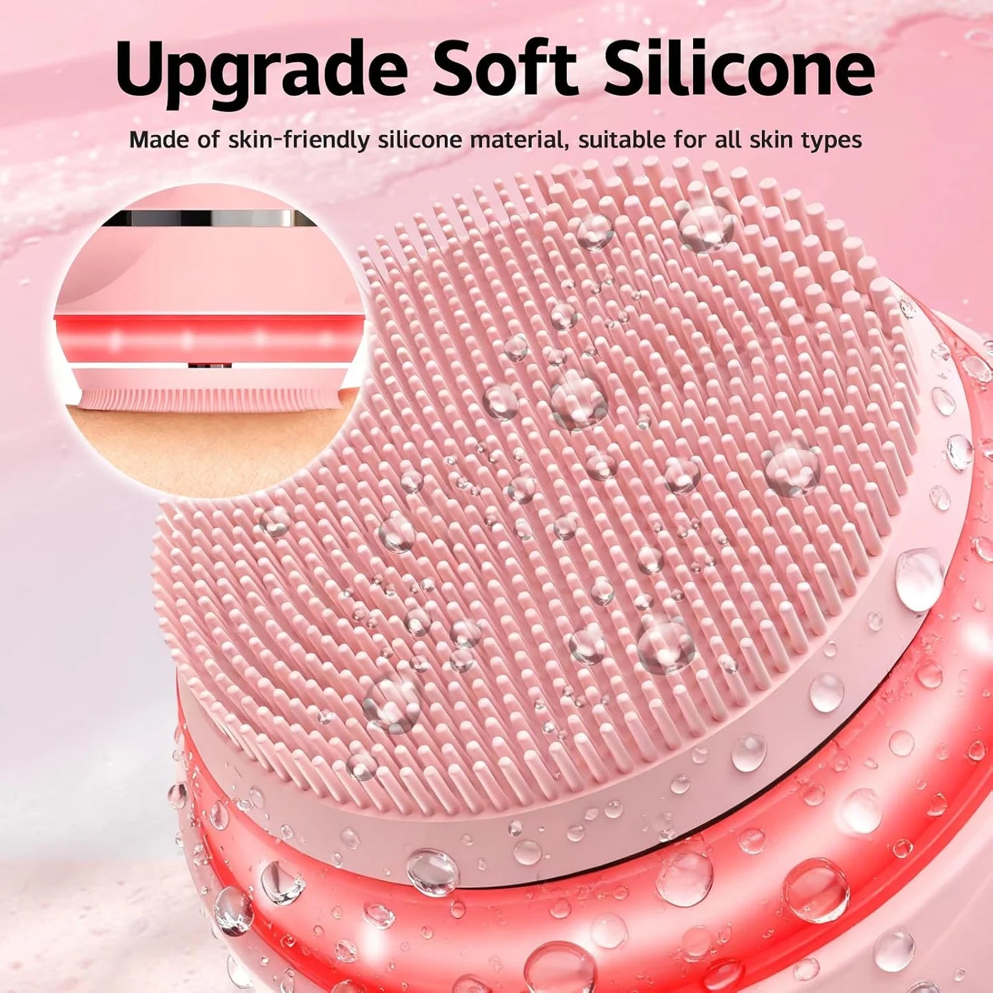 Close view of the facial brush’s dense soft silicone bristles and rounded cleansing surface